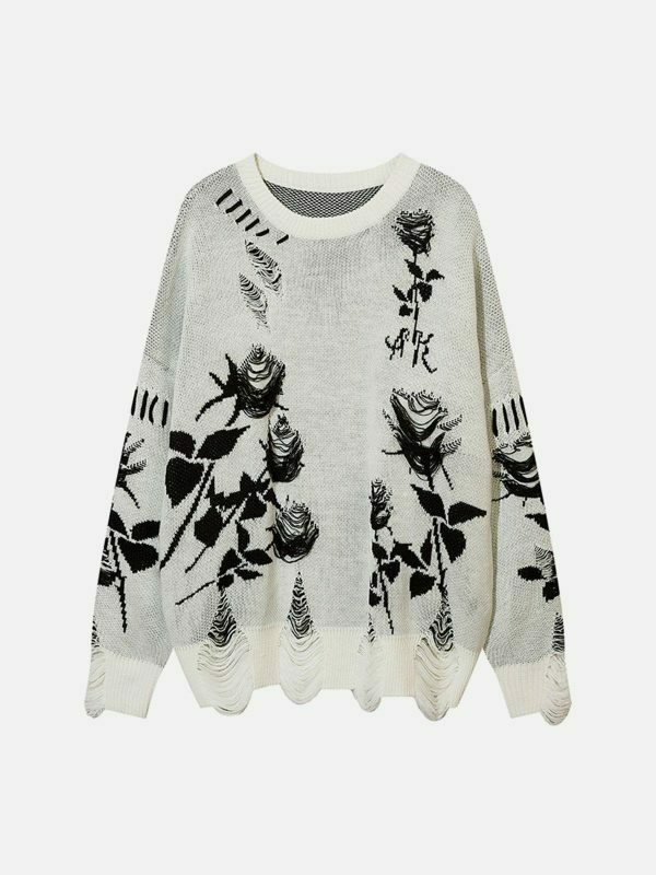 raw edge rose sweater [chic] streetwear essential 4318